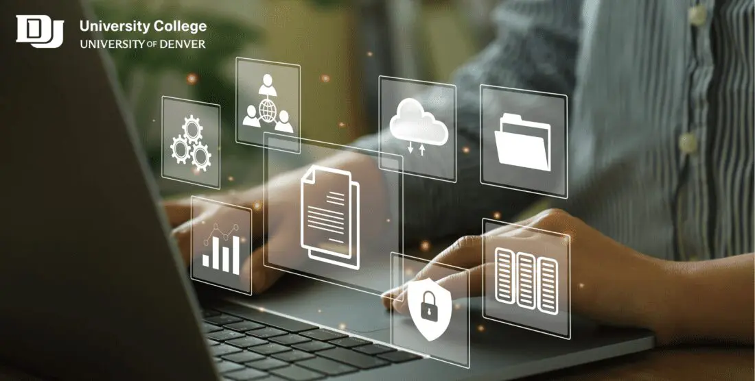 University of Denver Industry Certifications A person's hands at a laptop, with icons representing various industry certification courses skills hover above.