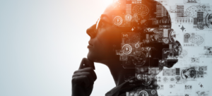 A woman in thought, with symbols of AI surrounding her head