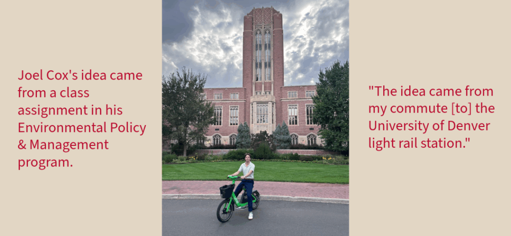 Environmental Policy student Joel Cox poses on an e-bike in front of DU's Mary Reid Hall.