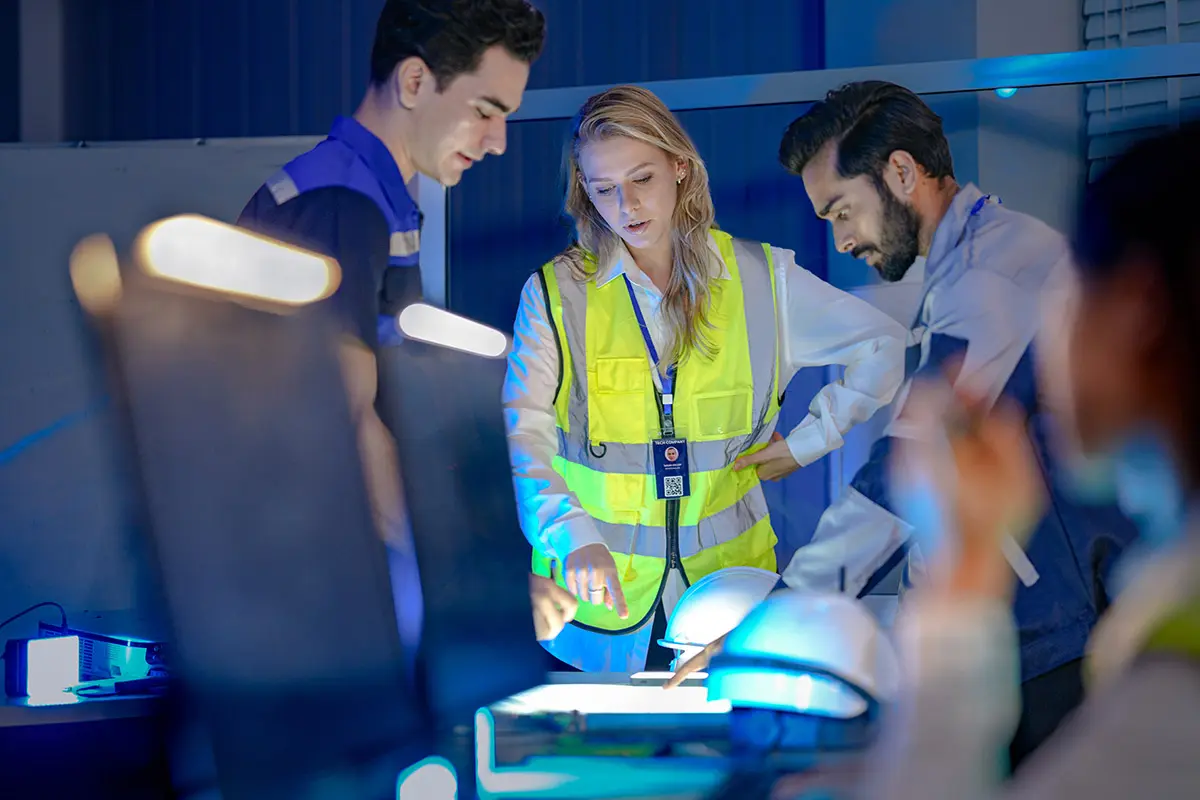 Woman and man talking in warehouse